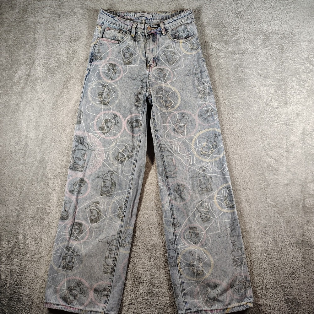 Adika Jeans S Graffiti Print Faded Denim Wide Leg Streetwear High Waist 5 Pocket